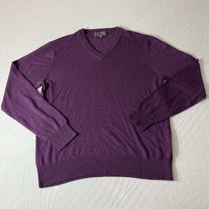Qi New York Sweater Mens L Purple 60% Wool 40% Cashmere V-Neck Pullover Classic